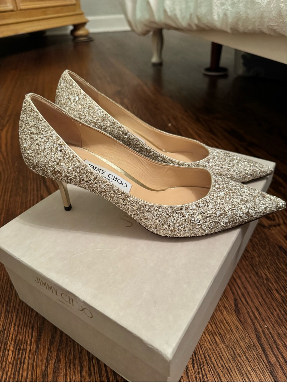 Jimmy Choo Gold Glitter Pointed Pumps - Picture 10 of 10